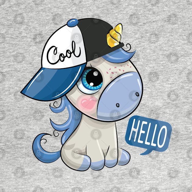 Little cute unicorn in a baseball cap says hello by playmanko